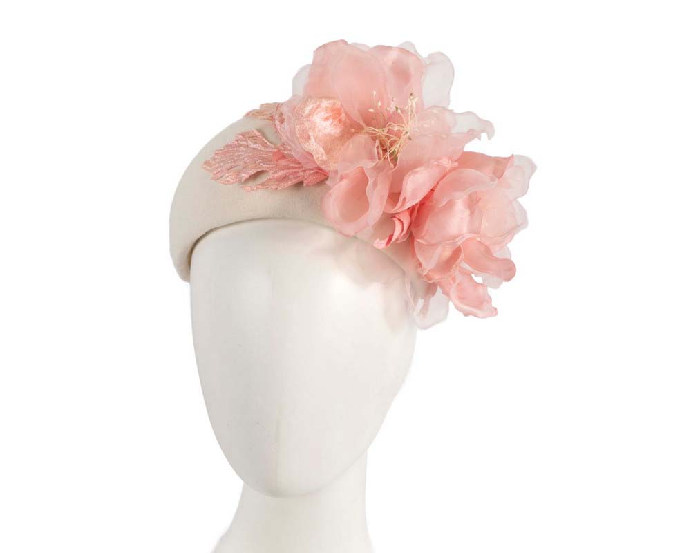 Wide cream headband with pink silk flower